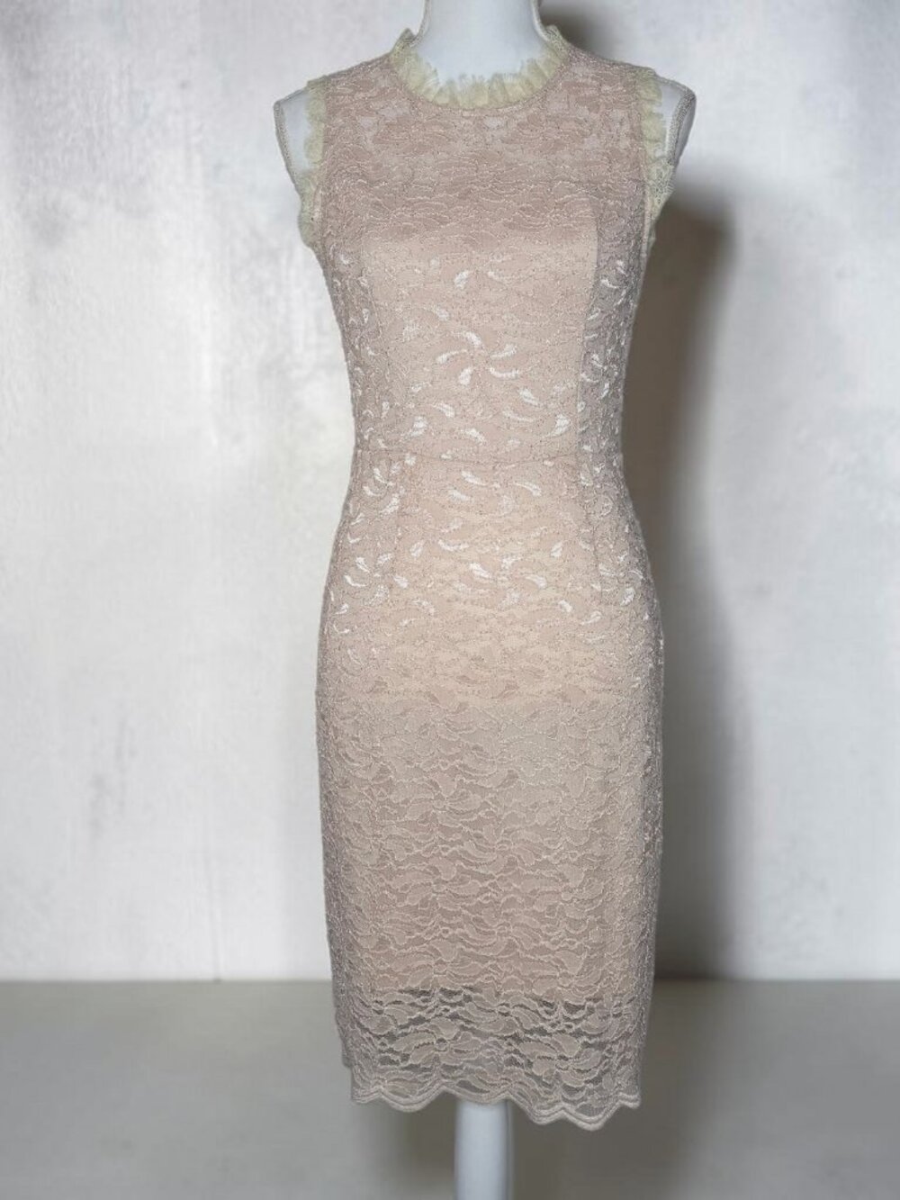 Anthro Altar'd State S Sheath Dress Lace Nude Cocktail Office Midi Bow Back